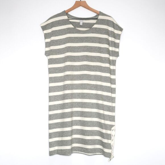 Nautica Womens Sweater Dress Size Large‎ Gray Cream Striped Mini Vacation Resort - Picture 1 of 7
